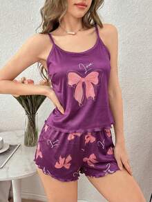 SHEIN Casual Underwear&Sleepwear 年轻休闲粉色蝴蝶印花荷叶边吊带背心和短裤睡衣套装 - 彩色 - 查看 5