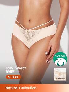 LUVLETTE 低腰刺绣优雅内衣花卉蕾丝绑带三角裤 - 杏色 - 查看 1