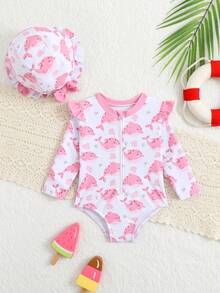 新生儿泳衣，海星印花，针织面料，荷叶边装饰，连体式，附赠帽子，适合女宝宝，时尚休闲优雅，适合游泳、度假和夏季穿着。 - 彩色 - 查看 1