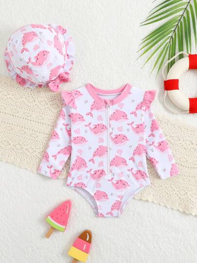 Bộ đồ bơi cho bé sơ sinh, họa tiết sao biển, vải dệt kim, viền bèo nhún, liền thân, kèm mũ, dành cho bé gái, thời trang giản dị thanh lịch, thích hợp cho bơi lội, nghỉ mát, mùa hè.