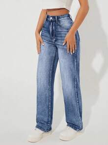 SHEIN PETITE Celana Jeans Denim Wanita Kasual Pinggang Tinggi Potongan Lurus, Serbaguna untuk Perjalanan Sehari-hari, Wanita Bertubuh Mungil - Medium Wash - View 6