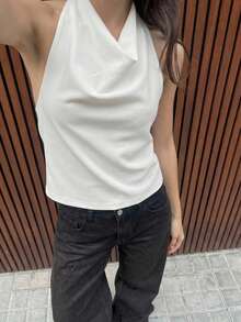 Maija Áo nữ màu trơn cổ yếm hở lưng thời trang đa năng thích hợp cho hẹn hò và dự tiệc - trắng - Xem 5