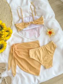 Bộ bikini 3 mảnh in hoa dành cho bé gái tuổi teen, thích hợp cho bãi biển, Hawaii và kỳ nghỉ. - Màu vàng - Xem 2