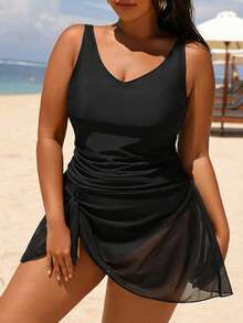 Swim Lushoire Plus Size Women's Plain & Simple Daily One-Piece Swimsuit Summer - Black - View 5
