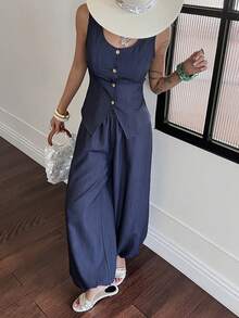 Livesso 春夏蓝色牛仔无袖开衫背心上衣，休闲办公商务套装直筒裤两件套，女士 - 藏蓝色 - 查看 4