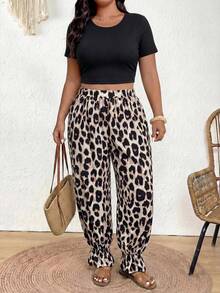 SHEIN Frenchy Plus Size Women's Fashionable Leopard Print Lantern Pants, Versatile For Commuting And Daily Wear Leopard Print Pants - Multicolor - View 1