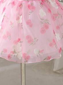 SHEIN Glamorique Kids Đầm satin thắt nơ cho bé gái dự tiệc, đầm dự tiệc cổ chữ V không tay hở lưng, đầm công chúa cho bé gái, đầm in hoa màu hồng thêu 3D, đầm dự tiệc sinh nhật, đám cưới, ngày lễ. - Màu Hồng baby - Xem 7