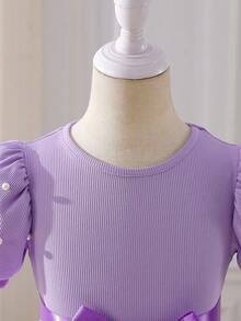 SHEIN Glamorique Kids Young Girl' Elegant Elegant Luxurious Purple Pearl Puff Sleeve Cinched Waist Gorgeous Soft Double-Layer Tulle Purple Butterfly Design Puff Dress Formal Gown Butterfly Embroidery Dress Princess Dress Rumi Hunters Girls Lavender Dresses Kids Party Dress Purple Butterfly Dress - Purple - View 5
