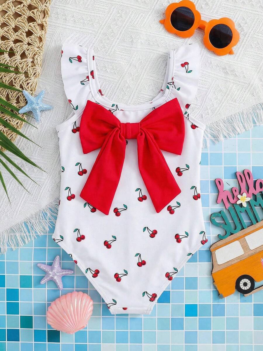 Emery Rose Kids 女童粉色荷叶袖蝴蝶结连体泳衣，姐妹装 - 白色 - 查看 1