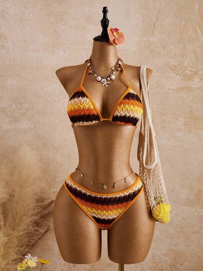 Bellisia 2026 SUMMER NEW Women's Hollow-Out Knit-Look Colorblock Tie-Front Bikini Set Beach Outfits, Music Festival Outfits, Vacation Outfits, Seaside Dates, Holiday Outfits, Sexy, Elegant, Casual Outfits, Beach Party Outfits, Pool Party Outfits One Shoulder Bikini One Shoulder Swimsuit Two Piece Swimsuit Women Bathing Suits For Women Black Modest Bikini Set