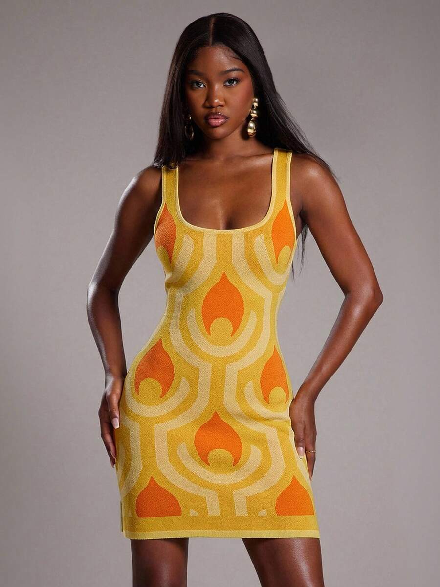 NYA SZN Đầm ôm sát, họa tiết in, thích hợp cho các dịp đặc biệt, kỳ nghỉ, du lịch, sân bay, hàng ngày, đi chơi, buổi tối, kín đáo, cổ điển, mùa thu đông, phù hợp cho trang phục đi làm, dành cho nữ. - trái cam - Xem 1