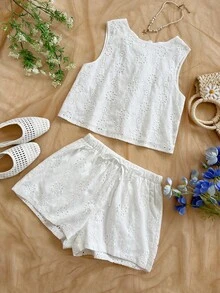 SHEIN WYWH Women's Vacation Casual Loose Backless Textured Fabric A-Line Tank Top, Elastic Waist Relaxed Shorts With Pockets, Suitable For Beach & Seaside - White - View 7
