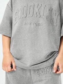 SHEIN 少女宽松休闲舒适圆领落肩短袖T恤和裤子套装 - 淺灰色 - 查看 3
