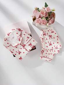 Cute & Bowknot And Heart Print Girls Long Sleeve Cardigan With Loose Pants 2 Pieces Pajama Set - Apricot - View 3