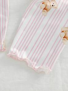 Bộ đồ ngủ cho bé gái, gồm áo in hình gấu dễ thương và quần in hình gấu kẻ sọc, thiết kế viền tương phản, tay ngắn và quần dài thanh lịch, bộ đồ ngủ 2 món. - trắng - Xem 5