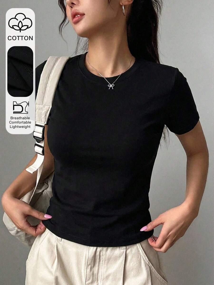 DAZY 女士纯棉圆领短袖修身纯色T恤,夏季 - 黑色 - 查看 1