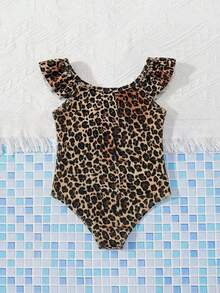 SHEIN Baby Girl Leopard & Floral Print Ruffle Trim Swimsuit, Summer Beach Vacation - Multicolor - View 4