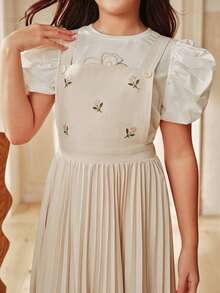 Anewsta Spring/Summer Sweet School Style Embroidered Pleated Girls' Jumper Dress - Apricot - View 1