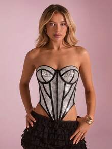 Glamine Women's Black And Silver Rhinestone Corset Top,Metallic Bandeau Top With Contrast Trim And Asymmetric Hem,Summer 70s Party Tops - Apricot - View 5