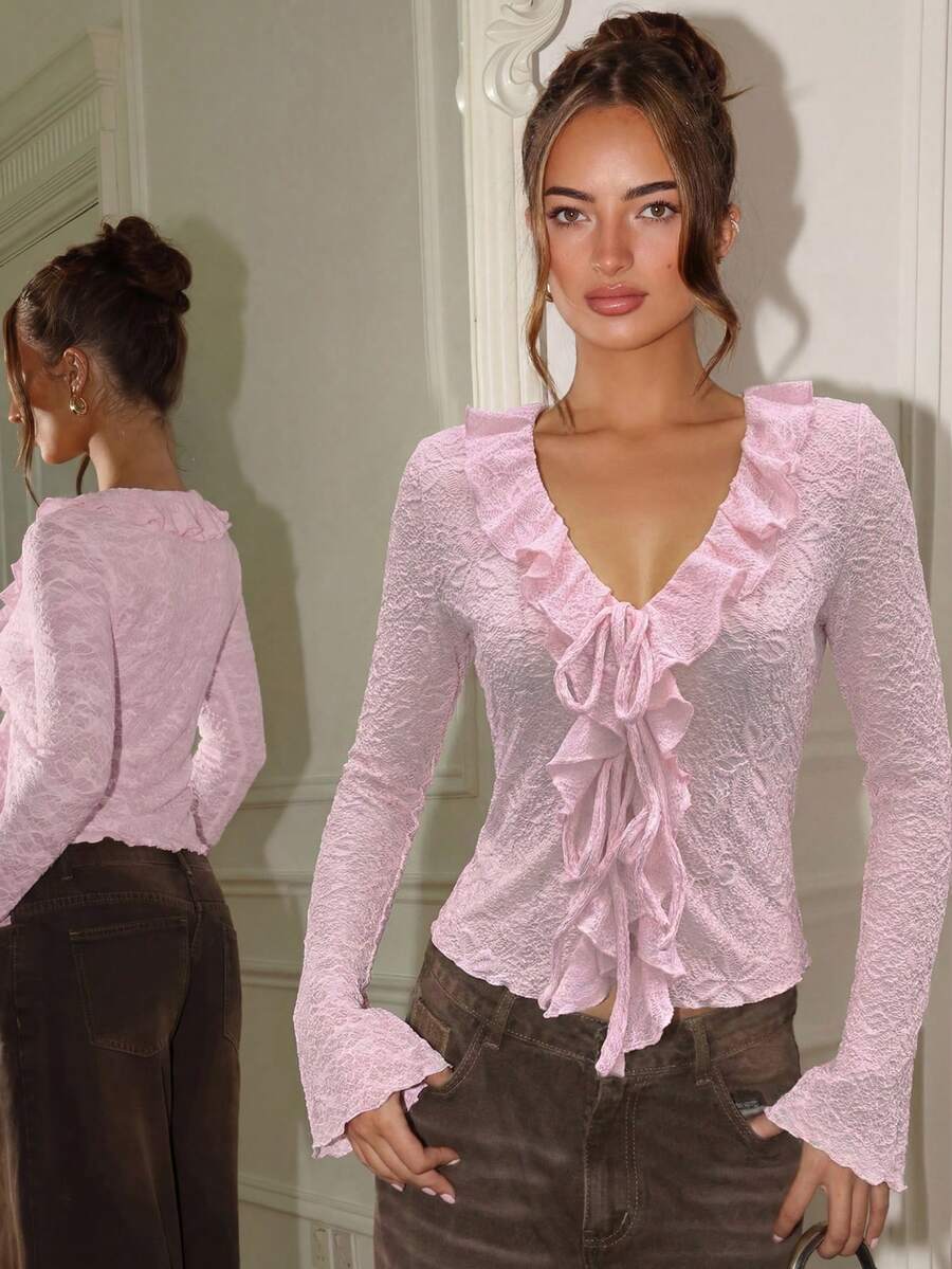 Glamine Cardigan tricoté fin avec décolleté plongeant, volants et nœud devant, couleur abricot, convient pour le port quotidien à la maison - Rose bonbon - Voir 1