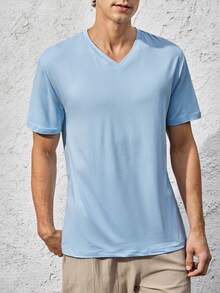 Mercer Haus Men's Fashionable Versatile Solid Color Casual V-Neck Slim Fit Short Sleeve T-Shirt, Summer , Suitable For Summer Tropical Holiday Vacation In Hawaii. - Baby Blue - View 8