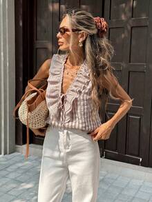 Pariaura 女士新款V领前系带无袖修身露脐上衣，适合度假旅行 - 杏色 - 查看 4