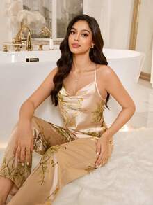 SHEIN Satin Printed Camisole And Pants Sleepwear Set For Women - Apricot - View 5