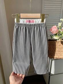 SHEIN LMoss Kids Quần dài cạp chun kẻ sọc hồng dễ thương, đa năng cho bé gái, thích hợp cho mùa xuân/hè. - màu đen - Xem 8