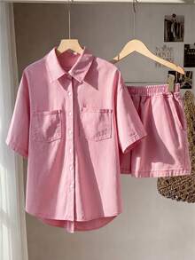 GlowEve Bộ áo và quần short denim nữ màu trơn, dáng rộng, vai rớt, phối nhiều túi, thích hợp mặc hàng ngày đi làm, mùa hè. - Màu xanh lam - Xem 2