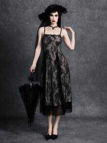 Glisette Vestido de encaje negro para mujer estilo gótico, vestidos góticos de verano en beige, vestido de corsé de moda para fiesta nocturna, ropa femenina elegante y oscura para vacaciones, para mujeres de talla pequeña - Negro - Ver 1