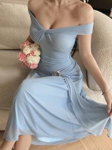 Feyla Elegant Off-Shoulder Twist Lock Dress For Women - Baby Blue - View 2