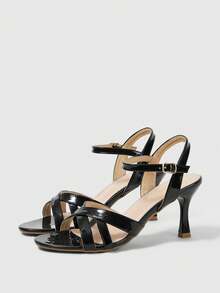 Sleekvia Women Shoes Classic Fashion Simple Burgundy Patent Leather Stiletto High-Heeled Sandals, Strap Combination Commuting Versatile Half-Drag High-Heeled Shoes Sexy And Elegant Wear - Black - View 1