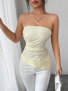 Elenzga 女士春夏新款优雅通勤百搭简约旅行装，性感派对装，高端提花面料浅黄色抹胸上衣 - 黃色 - 查看 4