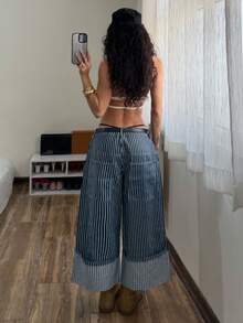StreetHx Women's Fashion Casual Low Waist Striped Wide Leg Cropped Jeans - Dark Wash - View 2