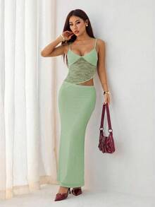 SHEIN PETITE 夏季海滩度假风纯色蕾丝性感透视吊带长裙，适合日常约会、夜间外出、夜店、派对等场合。 - 薄荷綠 - 查看 5