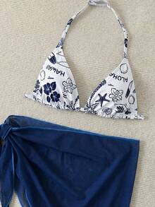 SHEIN Teen Girl 3-Piece Swimwear Set: Ditsy Floral Bikini Top, Bottoms And Tie-Front Skirt, Blue & White - Blue and White - View 6