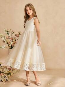 SHEIN 女童杏色网纱连衣裙，V领无袖优雅连衣裙，缎面面料，蝴蝶结腰带，春夏款 - 杏色 - 查看 3