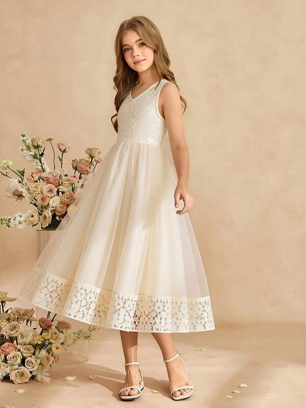 SHEIN Girls' Apricot Mesh Dress, V-Neck Sleeveless Elegant Dress With Satin Fabric, Bow Tie Waist Belt, Spring/Summer