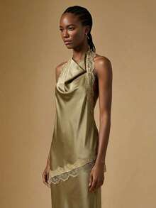 Briarwyn Atasan Halter Seksi Tanpa Punggung dengan Detail Renda Warna Polos untuk Wanita - Khaki - View 4
