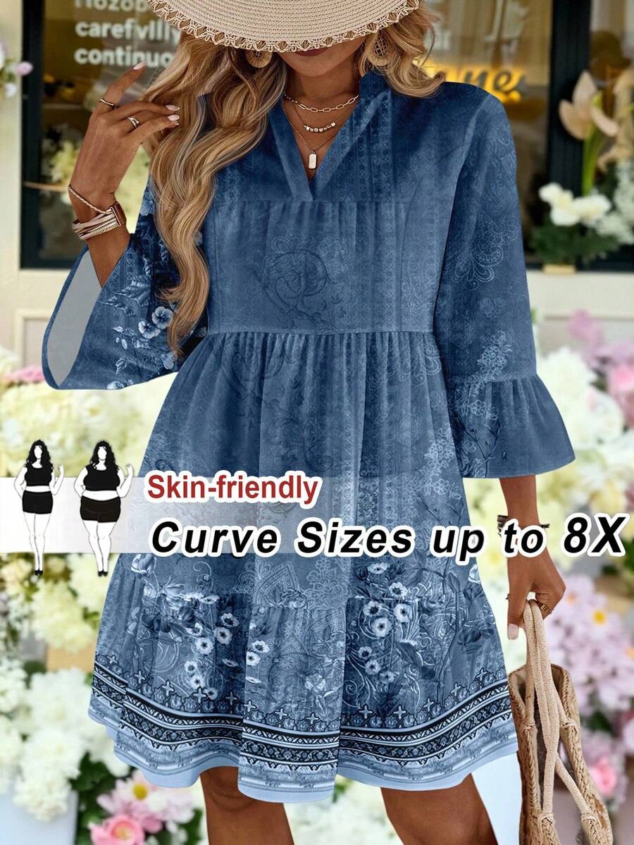 SHEIN CURVE+ 大码深V领印花短款休闲连衣裙，适合度假波西米亚风度假 - 彩色 - 查看 1