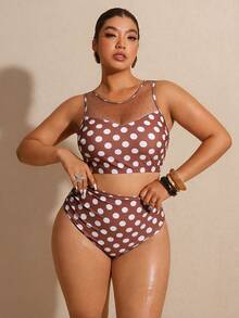 Elaquor 大码波点印花网纱拼接比基尼套装 - 彩色 - 查看 4