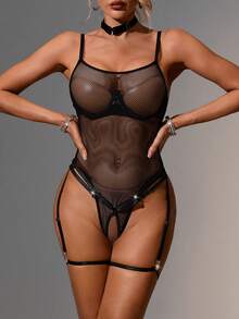 SpicyHot Bộ đồ lót 4 món gợi cảm dành cho nữ, mang phong cách cổ điển, bí ẩn, thời thượng, cá tính, trưởng thành, cực kỳ quyến rũ: áo liền thân lưới cỡ lớn không đáy + vòng cổ + 2 dây đeo chân. - màu đen - Xem 1