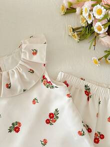 SHEIN LMoss Kids 女宝宝夏季度假可爱碎花荷叶边无袖上衣和松紧腰裤套装 - 卡其色 - 查看 8