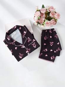 Genkimix Kids School Girl Pajamas Set For Tween GirlsBlack With Cherry & Heart Print Long Pants And Cardigan, Long Sleeve Casual 2-Piece Loungewear - Black - View 3