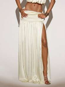 SHEIN ICON Women's High Slit Low Waist Ruched Waist Wedding Party Sexy Skirt - Beige - View 5