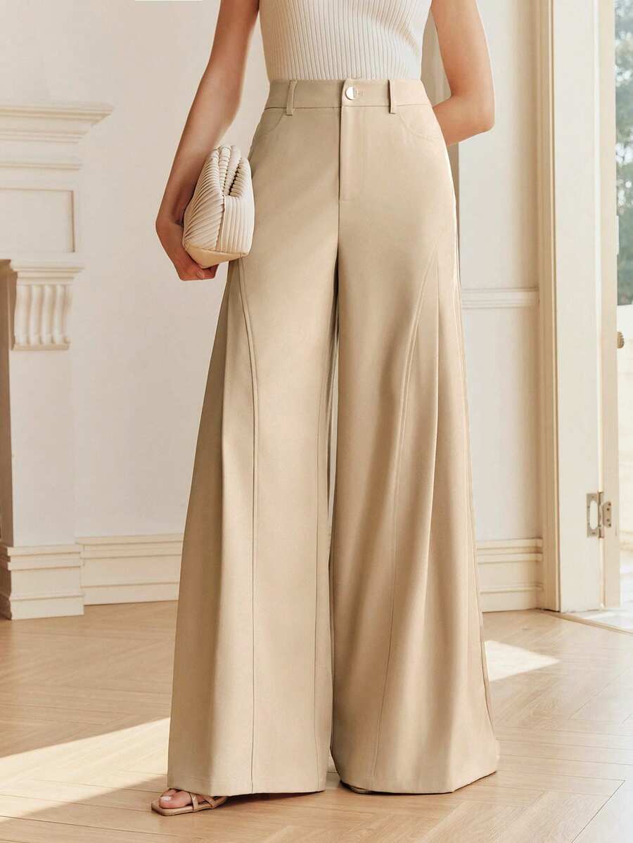 Anewsta 现代派对褶皱简约高腰卡其色百搭通勤阔腿裤（女款） - 卡其色 - 查看 1