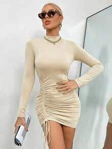 Chiquease Đầm ngắn nữ màu trơn, xếp ly, thắt eo kiểu dáng thanh lịch, thích hợp cho các buổi hẹn hò và đi chơi. - Màu be - Xem 3
