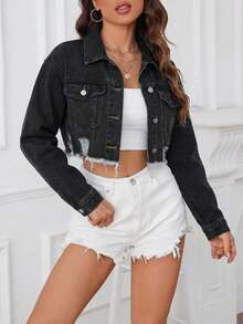 SHEIN Áo khoác denim ngắn tay rách rách, giặt thường ngày - màu đen - Xem 1