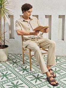 Ensemble de tenue en lin pour hommes Mercer Haus, chemise à manches courtes & pantalon, pour les vacances d'été et les tenues de plage - Kaki - Voir 8