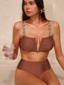 Swim Oasis-D Women Solid Color Spaghetti Strap Chain Decor V-Neck Top & Triangle Bottoms & Skirt 3 Pieces Swimwear - Coffee Brown - View 5
